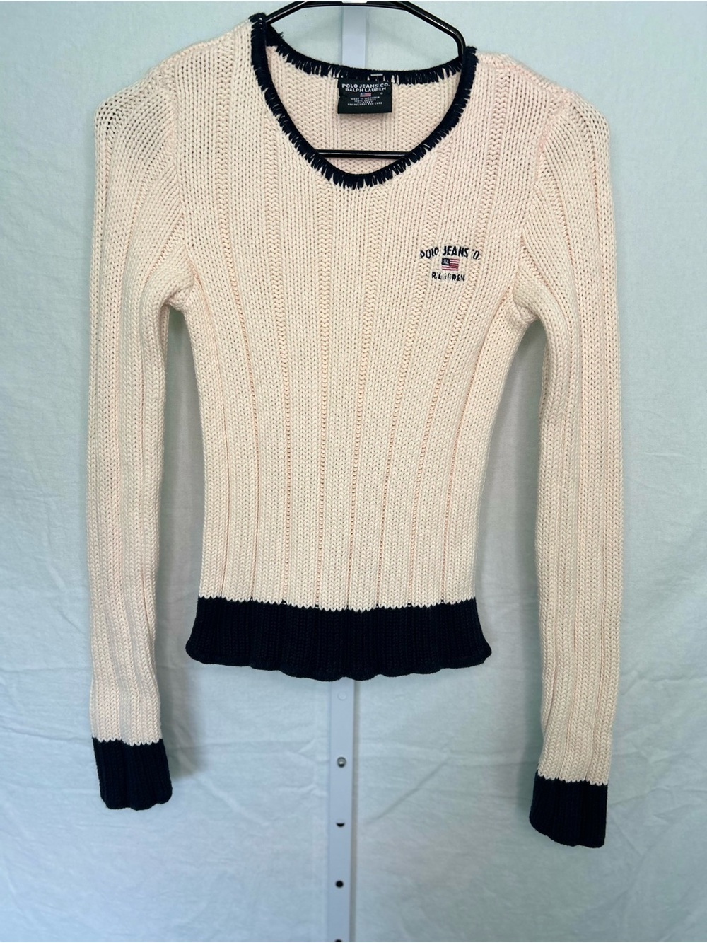 VTG Y2K Polo Jeans Co Ralph Lauren Flag Knit Sweater Cream Navy Blue Trim Small - Picture 1 of 8